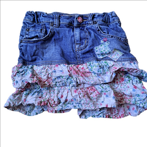 3/35$ Girls Denim Jean Skirt with Floral Ruffle Hem – Size 8